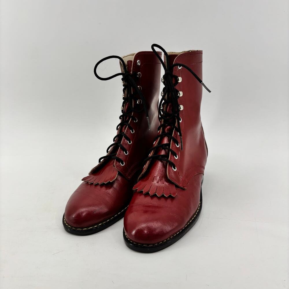 Laredo Boys Youth Sz 4.5  Red Cowboy Womens 6 Boots Kiltie Roper Lace Up Western